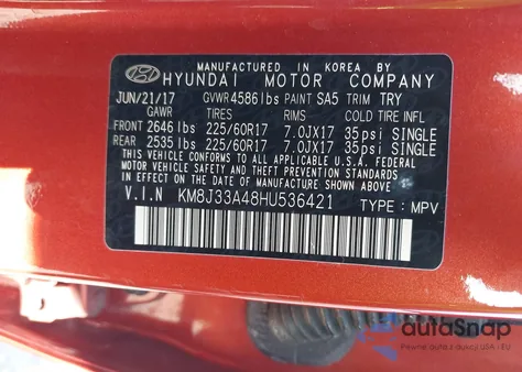 2017 Hyundai Tucson Se Plus z USA, uszkodzony, nr VIN KM8J33A48HU536421